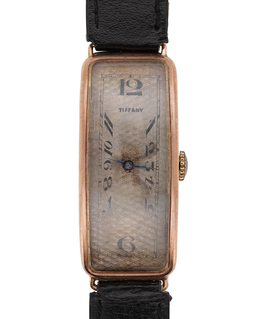 A lady's late 1920's stylish 9ct gold manual wind wrist watch, retailed by Tiffany